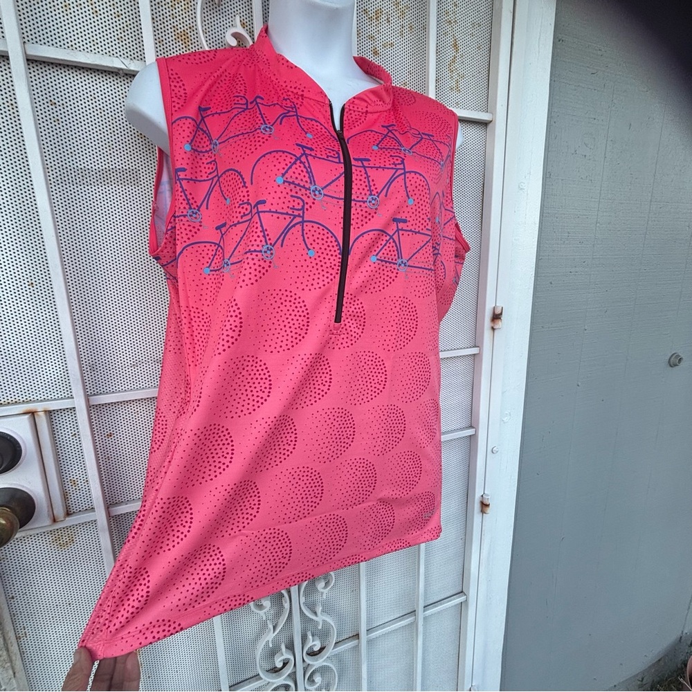 Terry 3X Sleeveless Cycling Top with Bicycle Print 1/2 zip lightweight coral - Picture 3 of 7